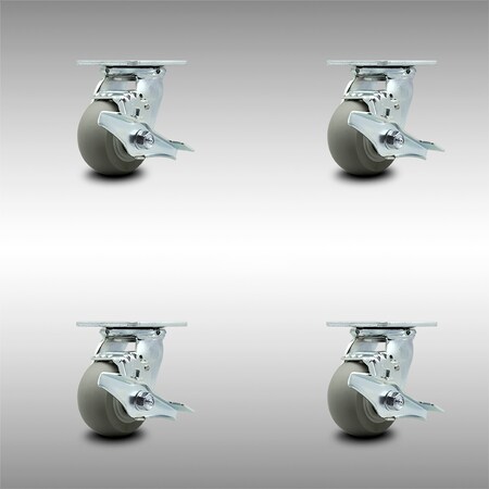 Service Caster 4 Inch SS Thermoplastic Rubber Swivel Caster Set with Ball Bearings and Brakes SCC-SS30S420-TPRBD-TLB-4